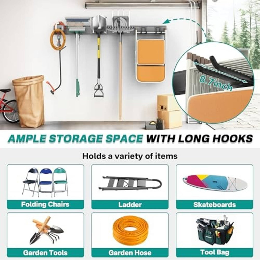 Black wall-mount tool rack with long hooks holding gardening items