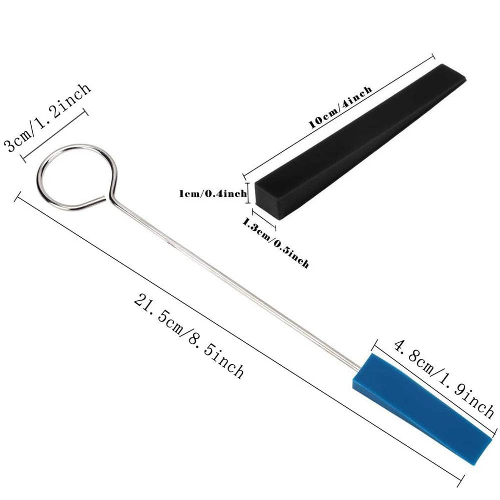 Piano tuning mute tool with black rubber wedge on metal rod, size-labeled