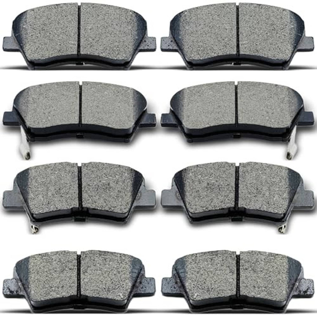 8-piece set of gray ceramic brake pads with black backing, visible center grooves