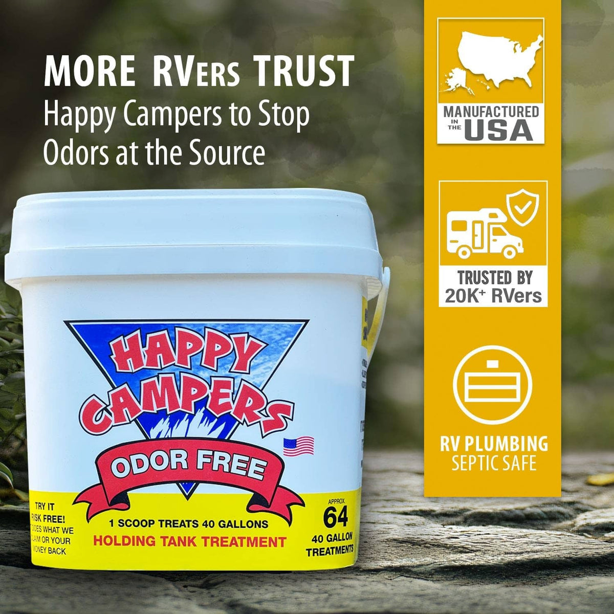 White bucket with Happy Campers Odor Free holding tank treatment label and USA badge