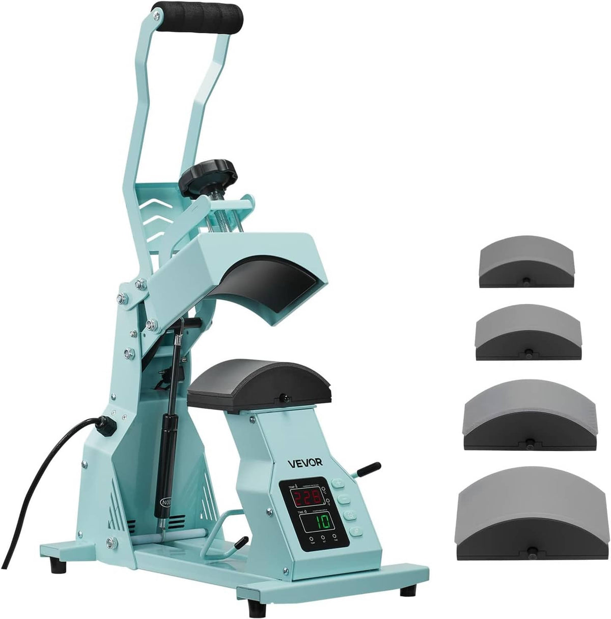 Teal hat heat press machine with black platen cover and set of four gray hat platens