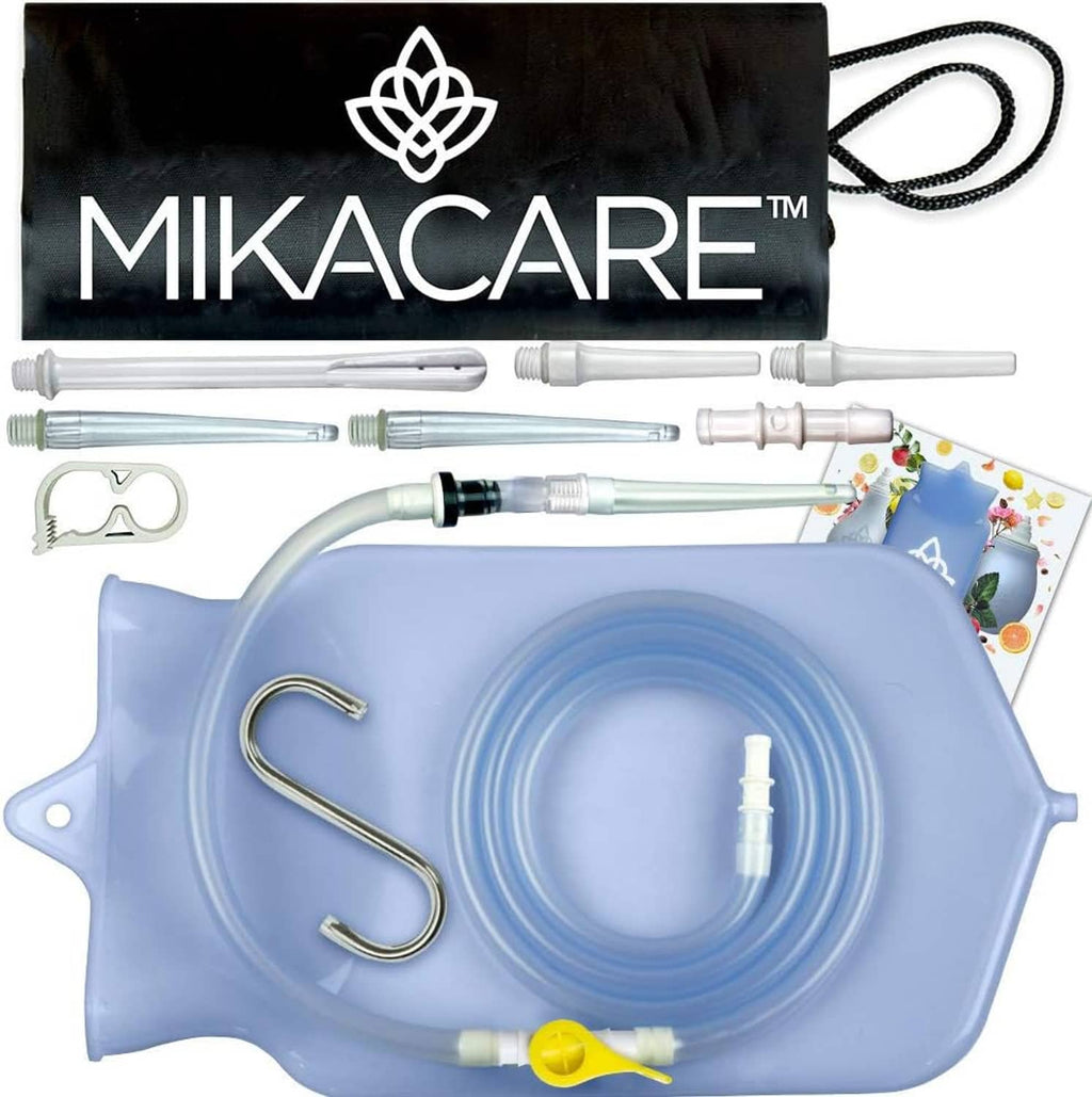 MIKACARE 2-quart silicone enema bag kit with light blue bag, tubing and accessories