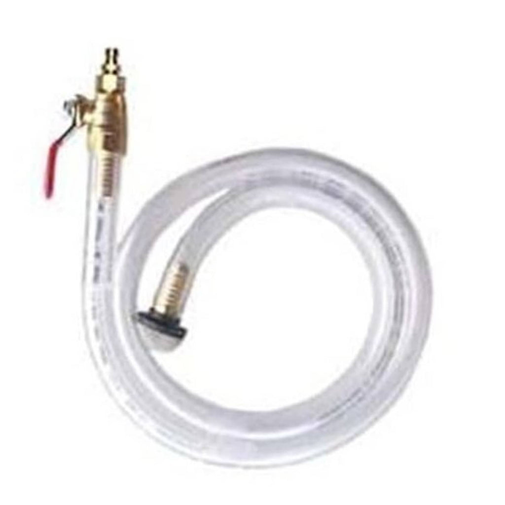 Clear flexible hose with brass spark plug-style fittings and red pull tab