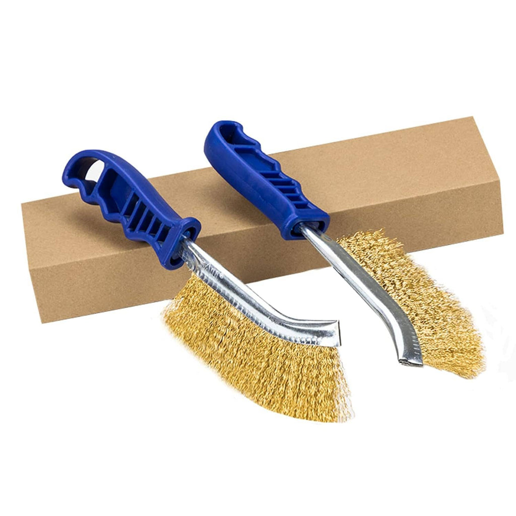 Two heavy-duty wire brushes with blue handles and gold bristle heads, cardboard backing