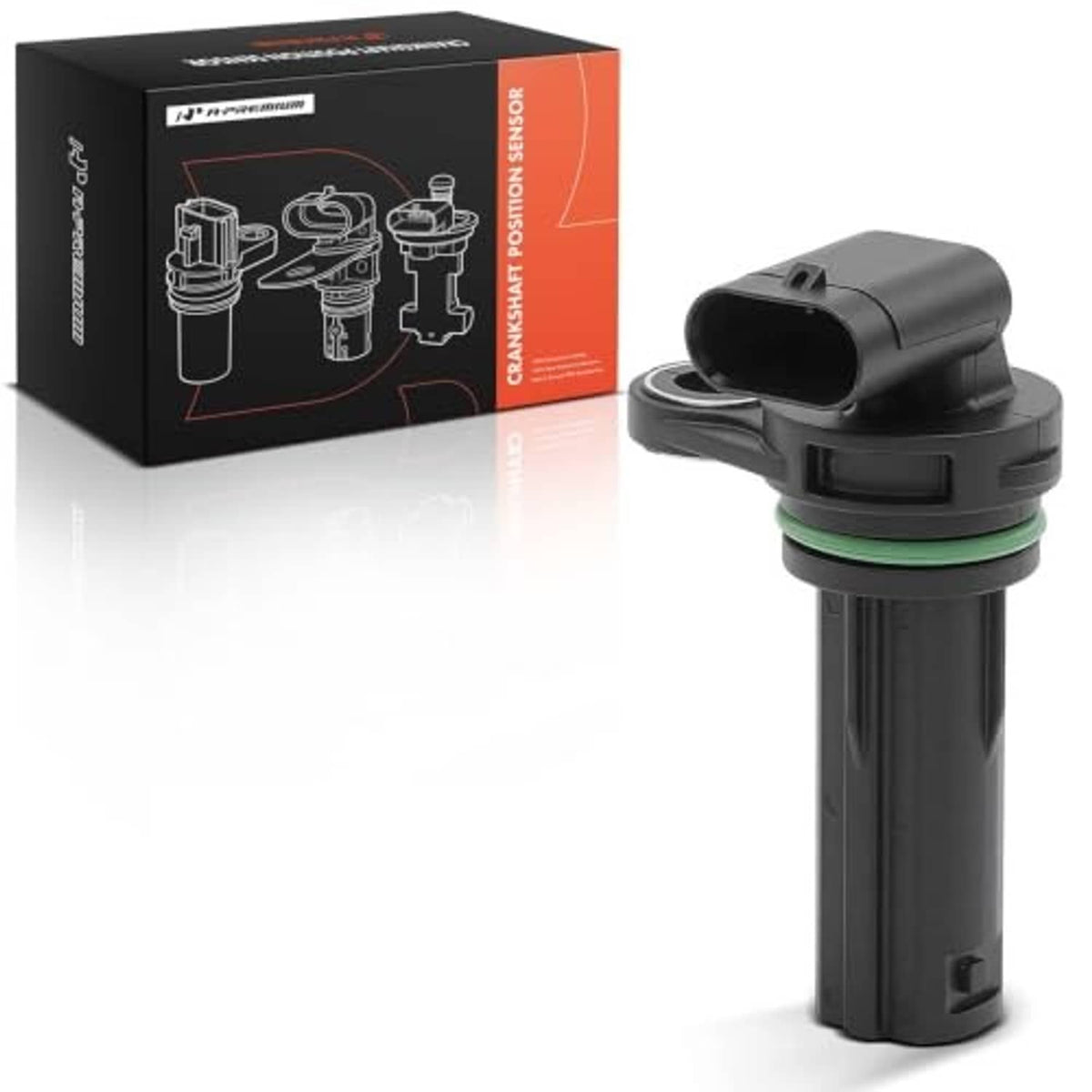 Crankshaft position sensor angled view, black housing with green seal ring