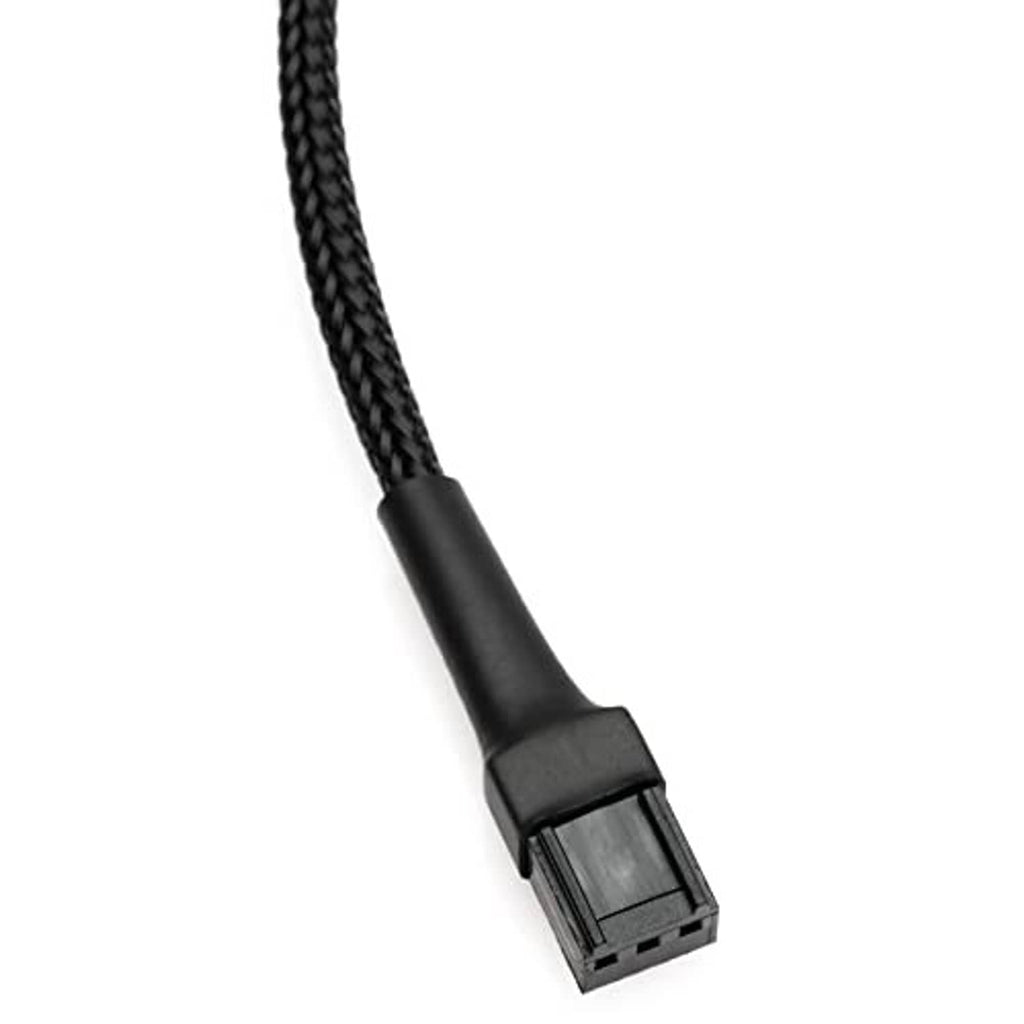 Black braided adapter cable with 3-pin fan header connector end