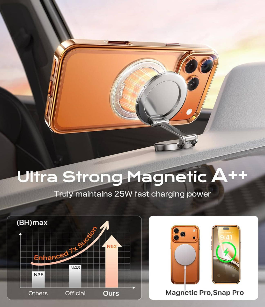 Orange iPhone case with magnetic ring stand, clear shockproof bumper, camera cutouts