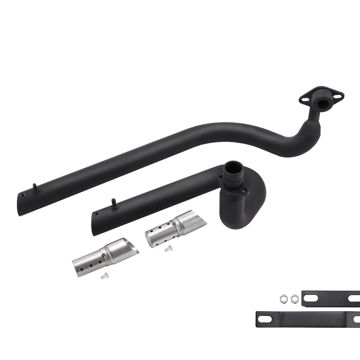 Exhaust pipe and silencer components set with two canisters and bracket hardware