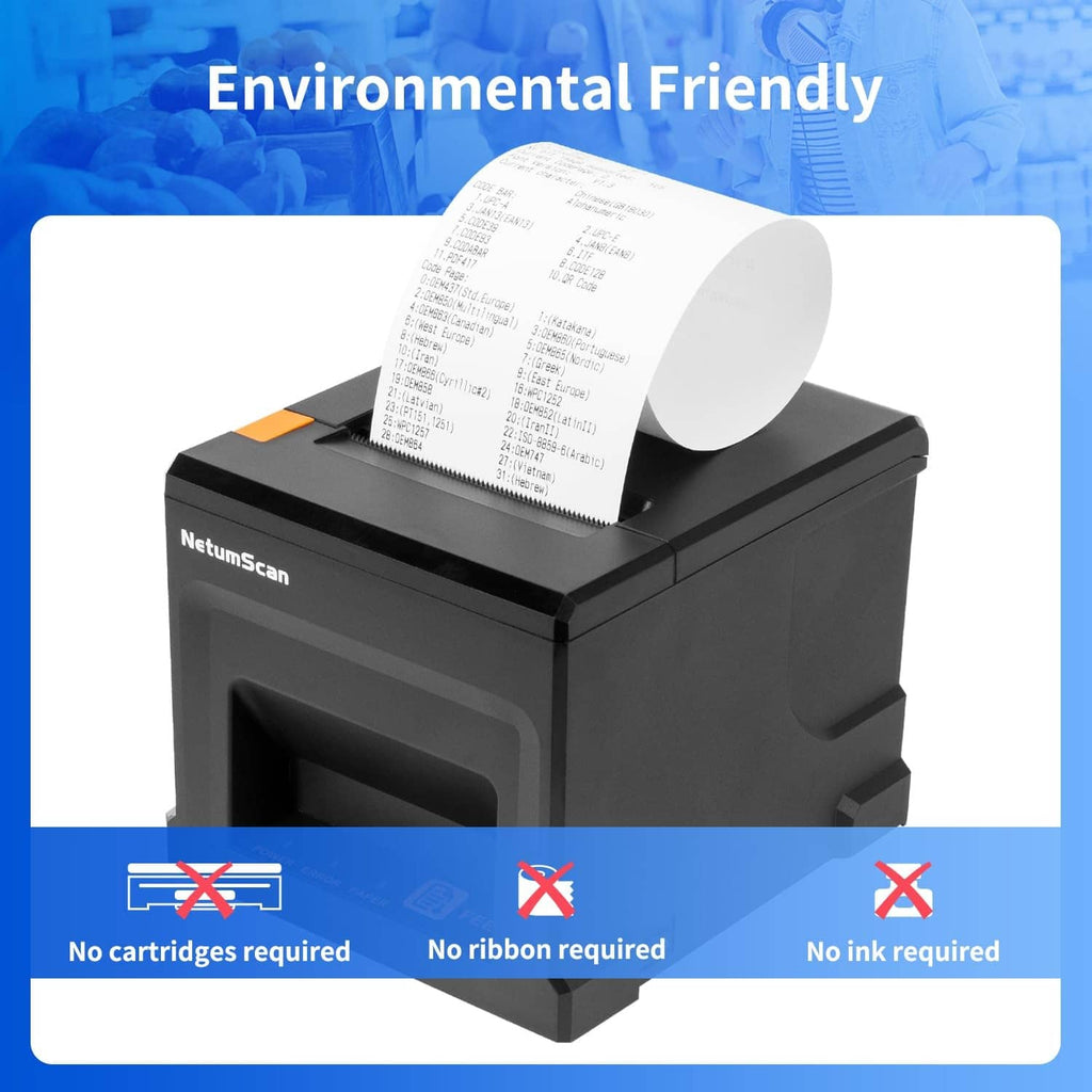NetumScan black thermal receipt printer with paper roll; no ribbon or ink required