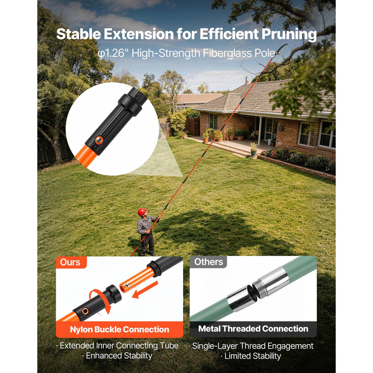 Extendable fiberglass pole saw with black blade head and orange pole extension section