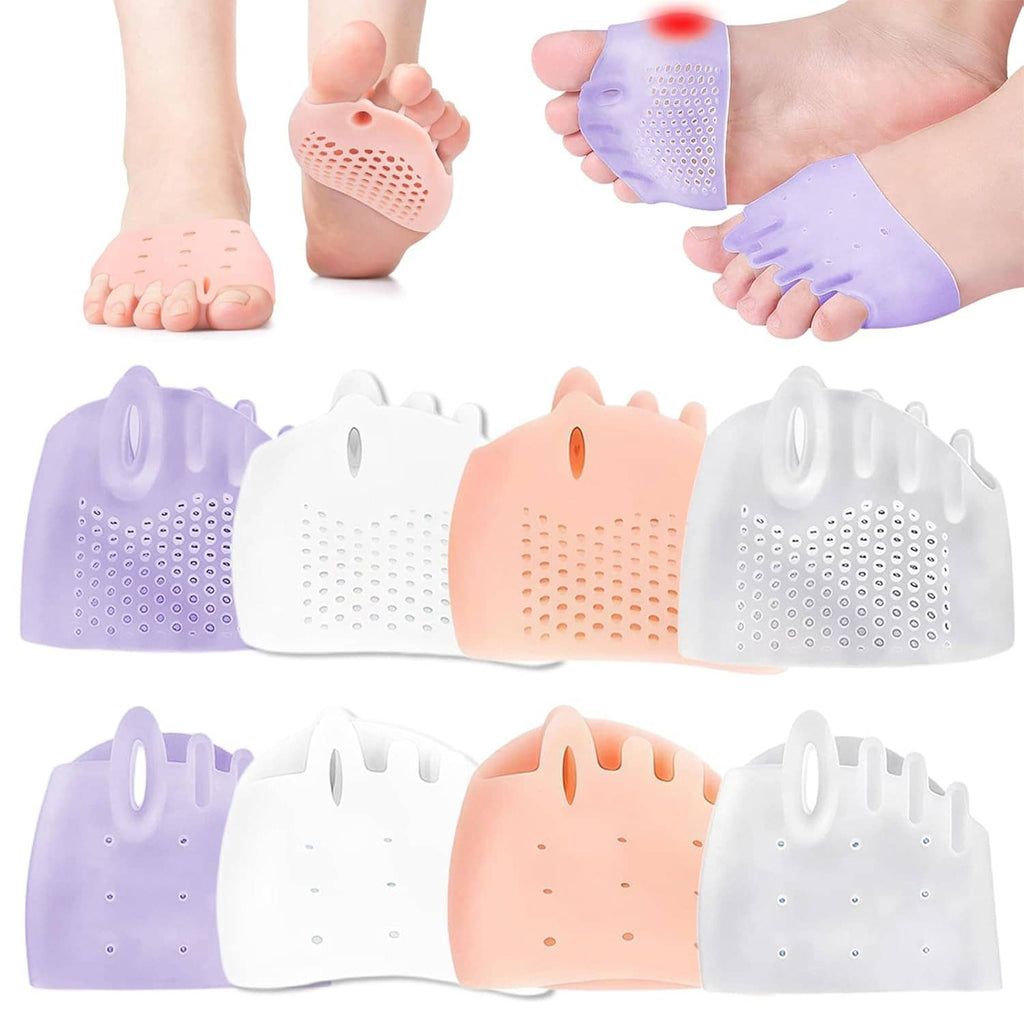 Silicone toe separator pads with spacer fingers, perforated cushioning in purple, white, peach, gray