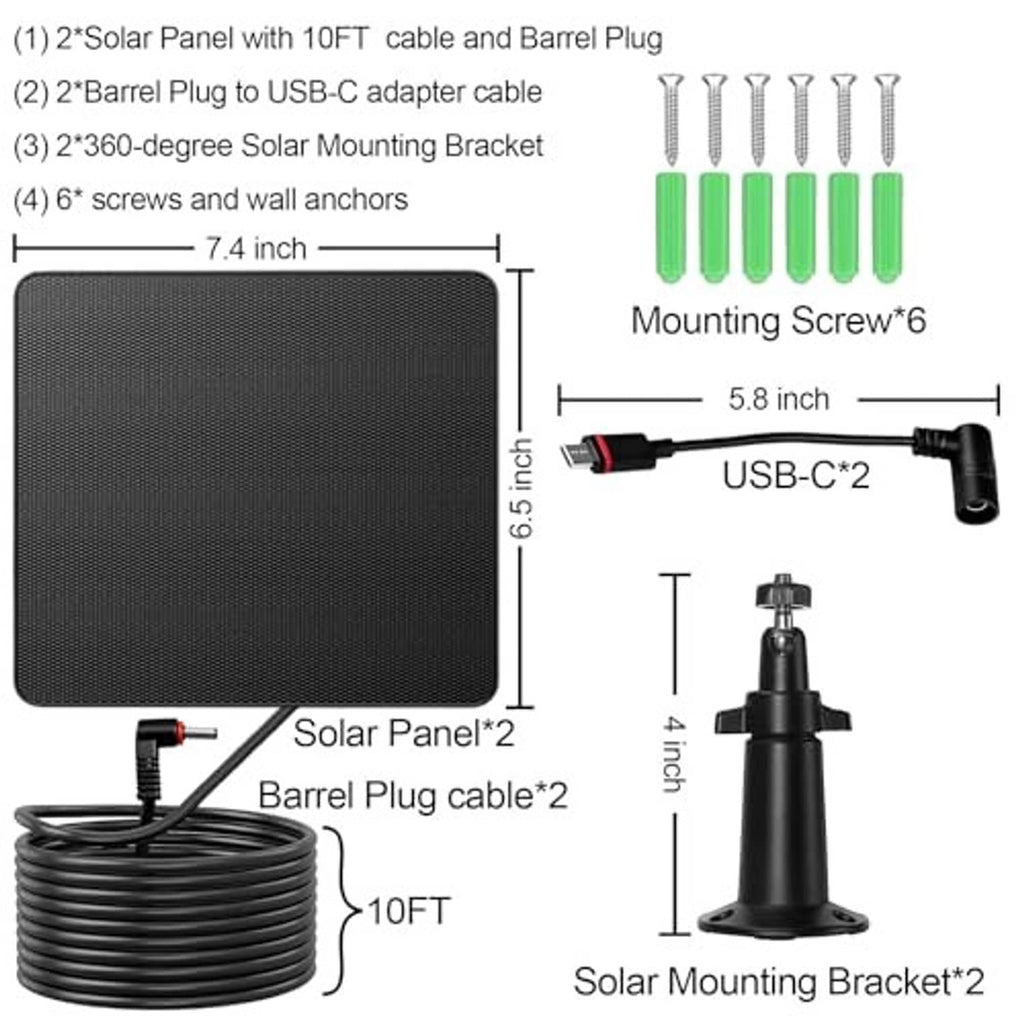 Solar panel kit parts: solar panel, 10FT cable, barrel plug, USB-C cable, screws