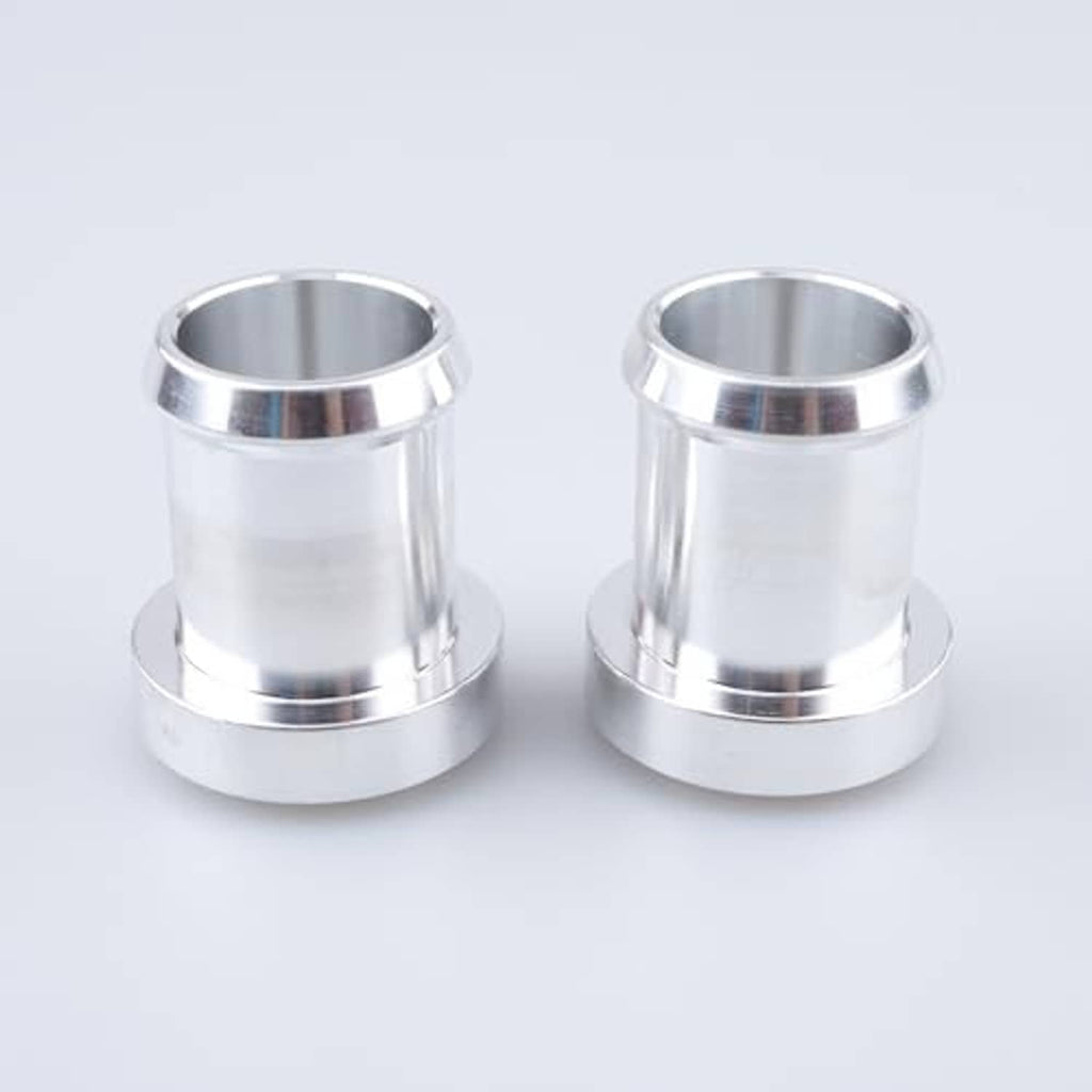 Pair of stainless steel weldable hose barb tail fittings, front view with flange