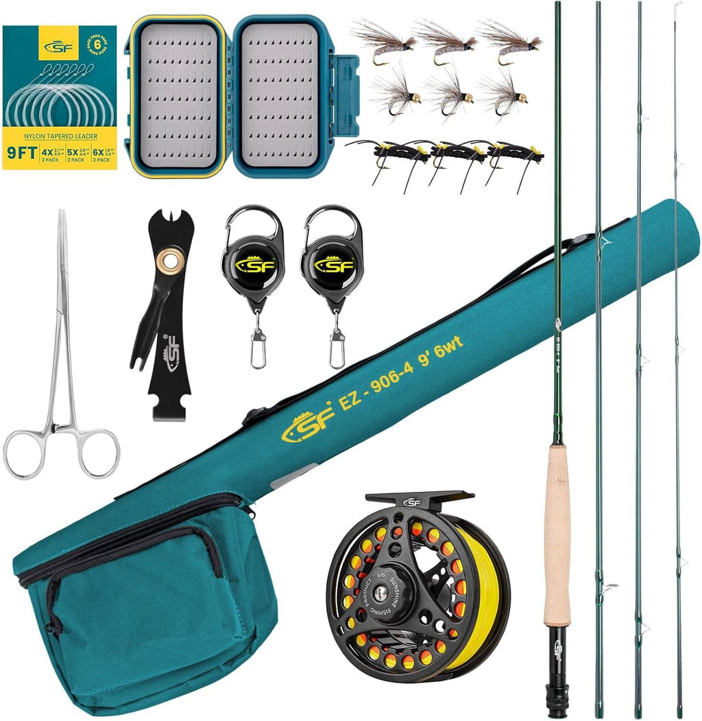 Teal fly fishing rod combo starter kit with green rod, reel, and fly accessories