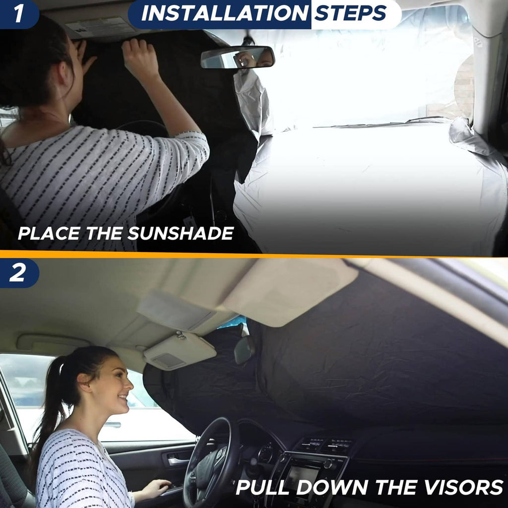 RV windshield sunshade being pulled down over front glass during installation