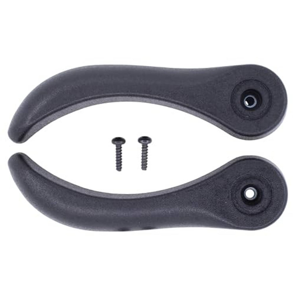 Pair of dark recliner adjustment handles with mounting pin holes and screws