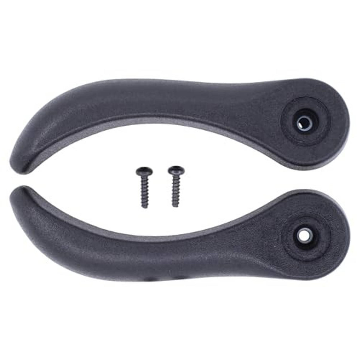 Pair of dark recliner adjustment handles with mounting pin holes and screws