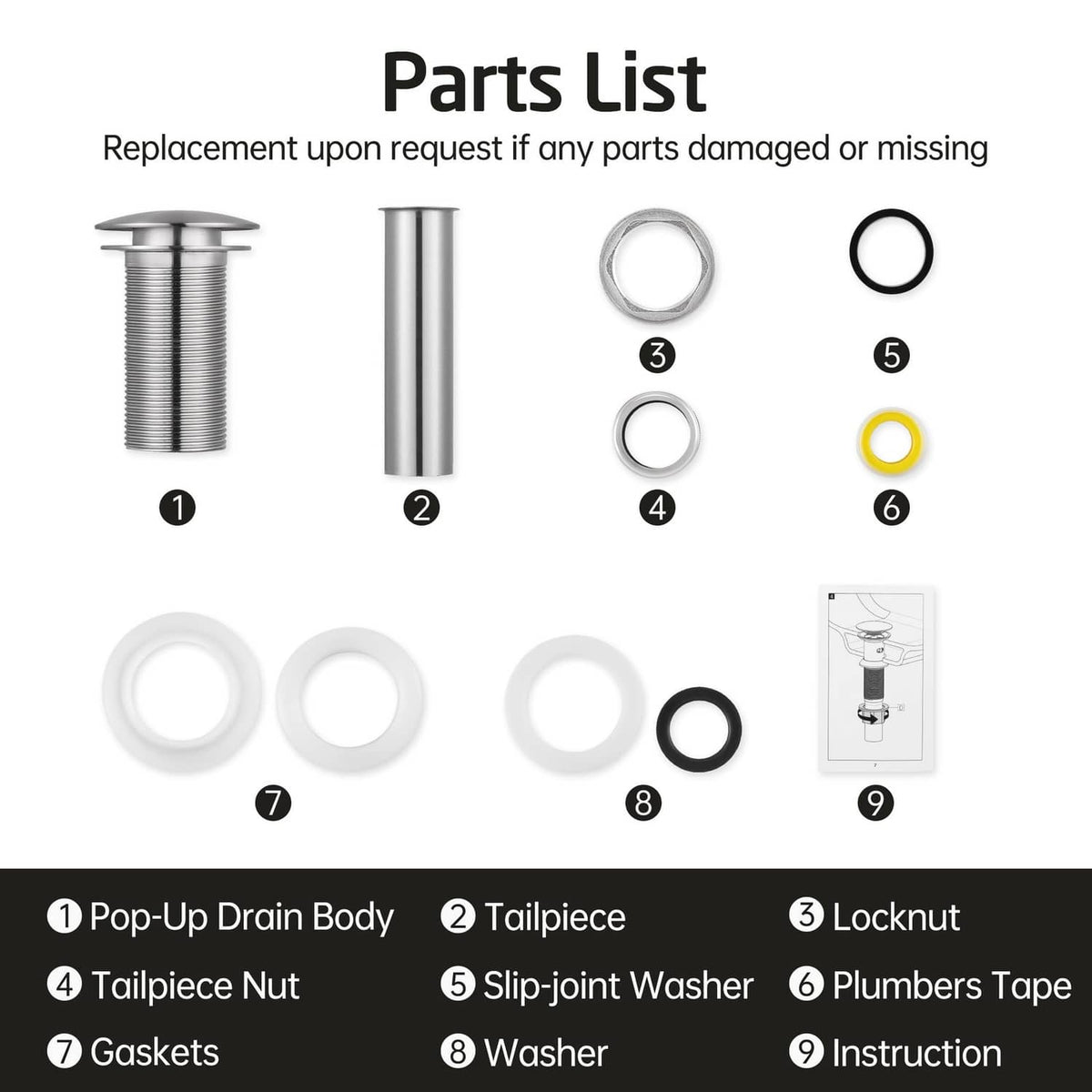 Bathroom sink pop-up drain parts set with drain body, washers, gasket, and tubing