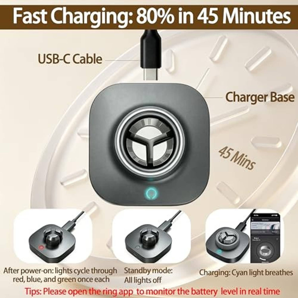 Fast-charging dock base with USB-C cable and blue glowing indicator on ring cradle