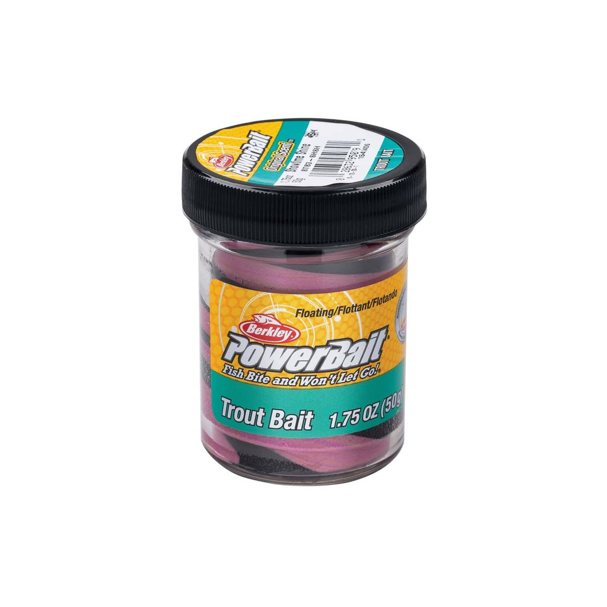 Scented trout fishing bait jar with black lid, purple and pink bait strips inside