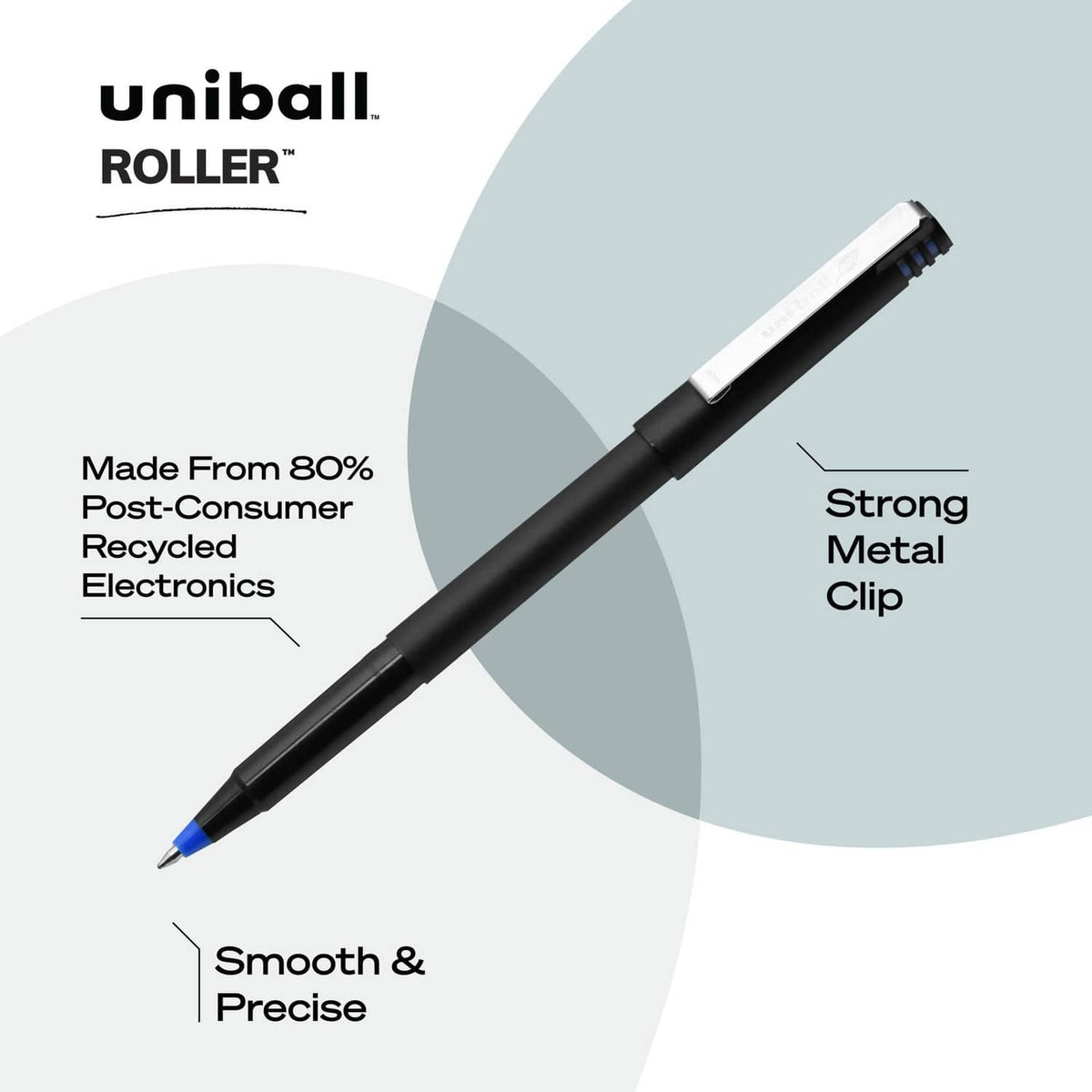 Black rollerball pen with blue tip and metal clip.