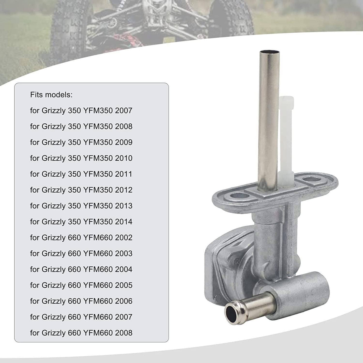 Fuel petcock valve with lever stem shown alongside vehicle fitment card