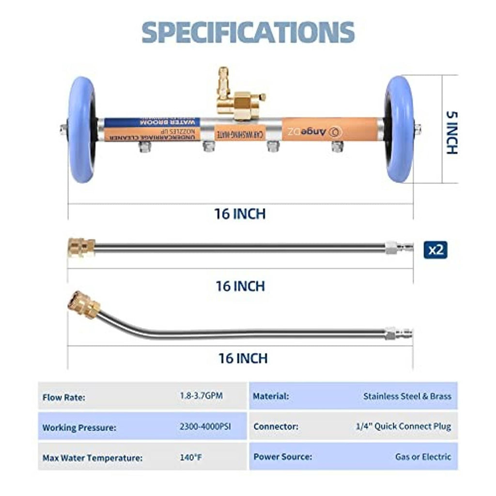 16-inch water broom attachment length diagram with blue wheels and brass connector fittings.