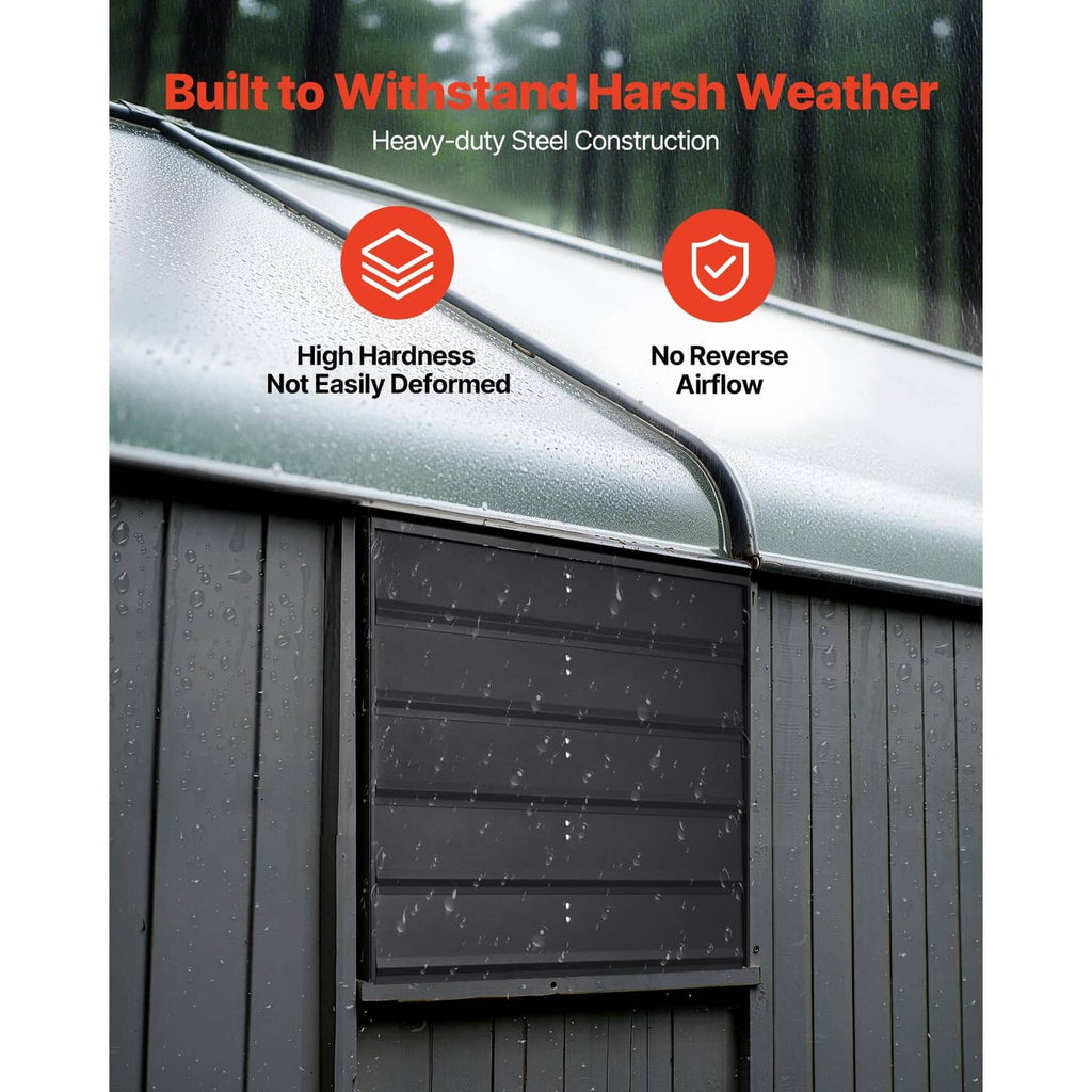 Wall exhaust fan mounted on siding with rain-shedding shutter frame