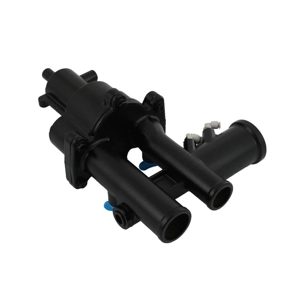 Black sea water pump assembly with dual cylindrical ports and metal fasteners