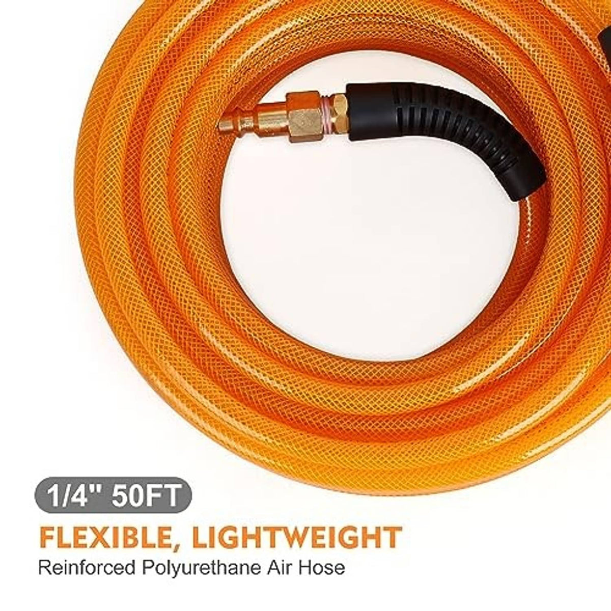 Orange air hose coil with brass fitting and black flexible connector loop