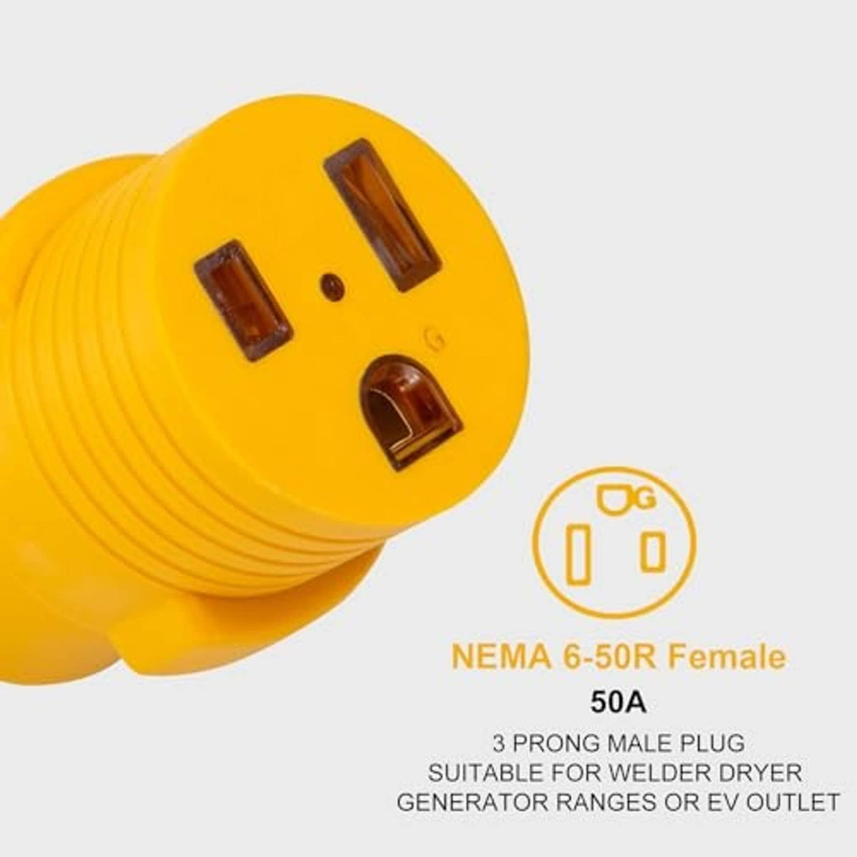 NEMA 6-50R female adapter plug, yellow housing with three slots and ground contact