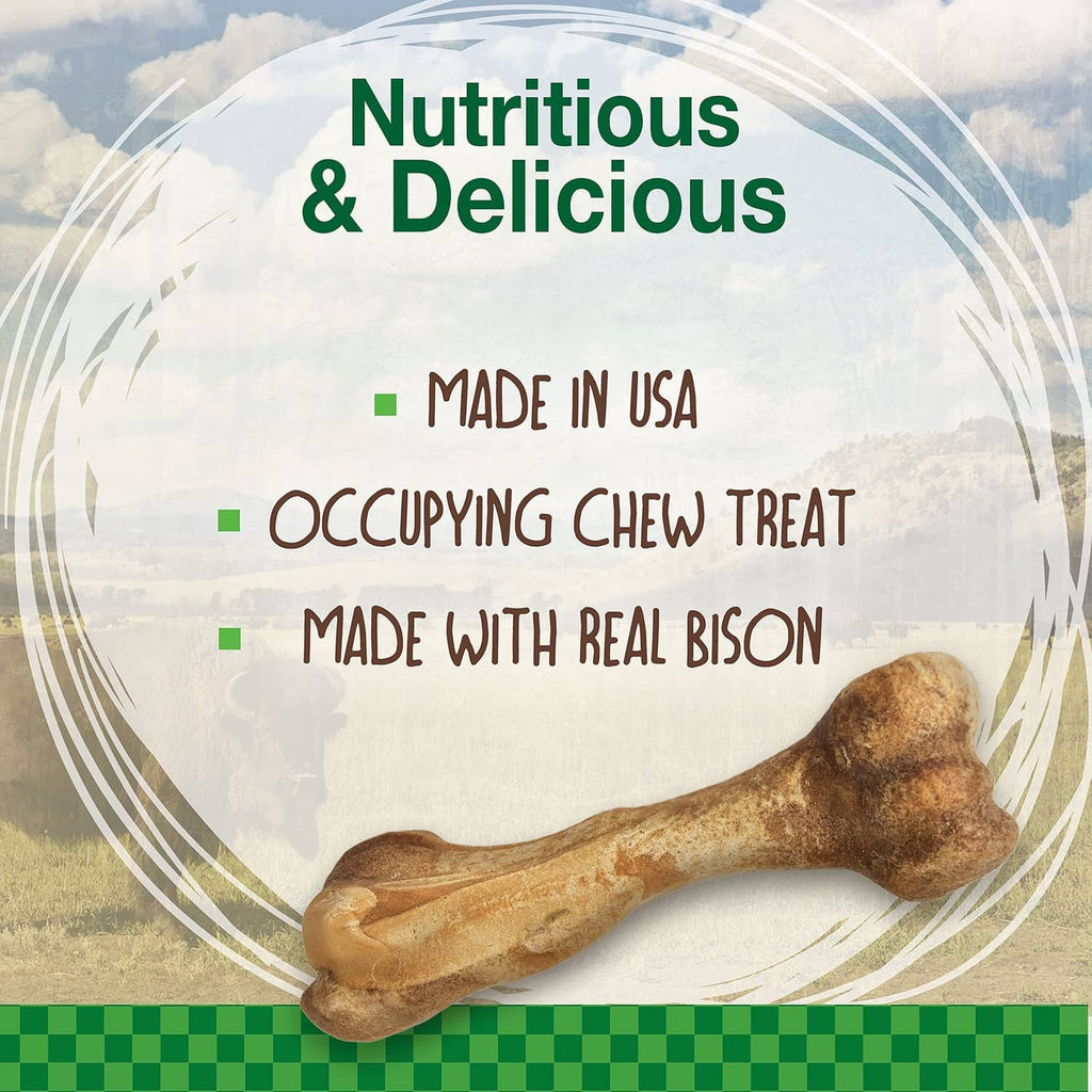 Illustrated bison chew bone with 'Made in USA' and 'Made with real bison' text