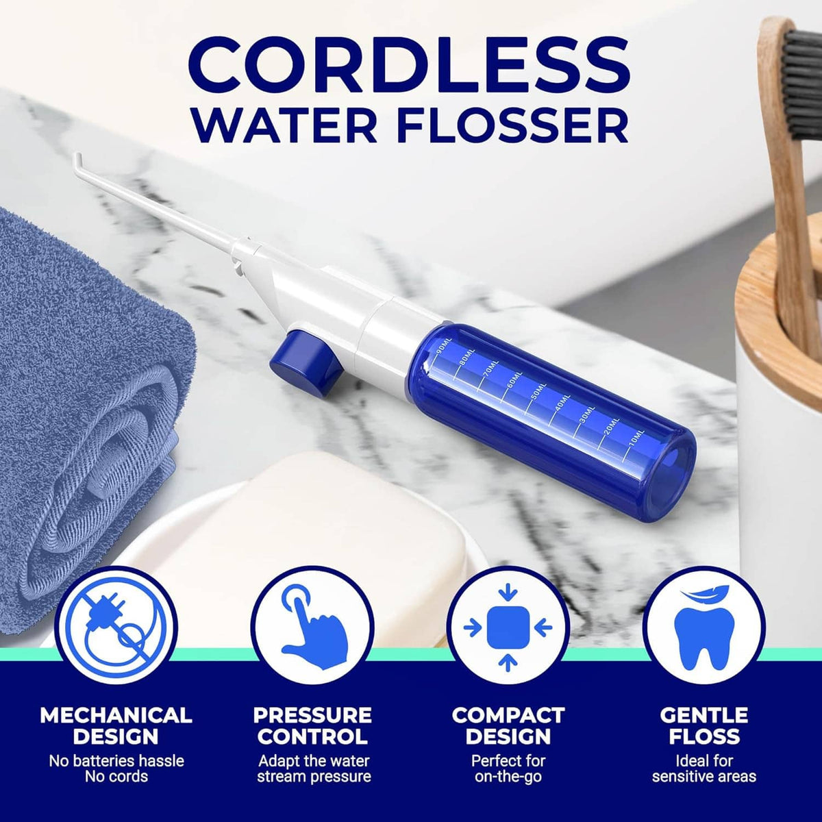 Blue and white cordless water flosser with nozzle and transparent pressure control tube