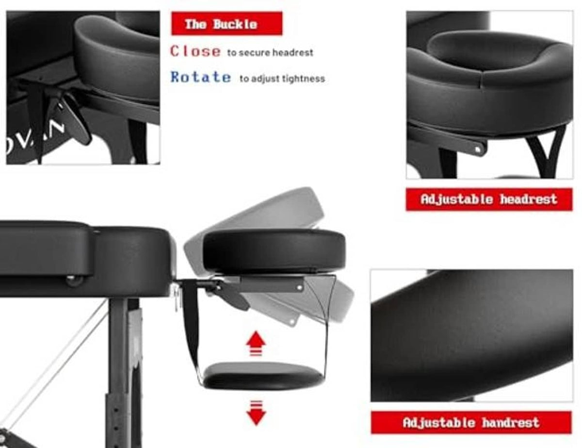 Black adjustable headrest on massage table with secure buckle and pivoting support