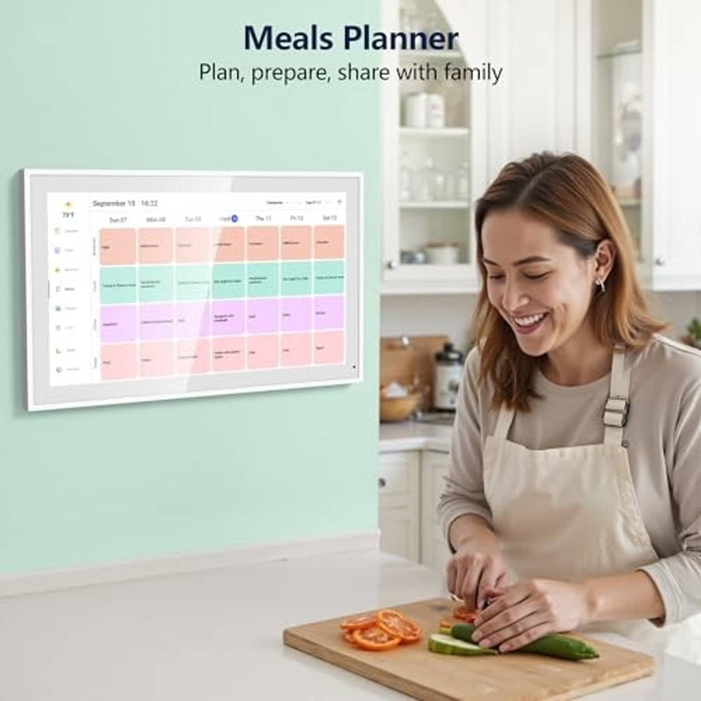 Meals planner digital display with pastel day-by-day schedule on white wall-mounted frame