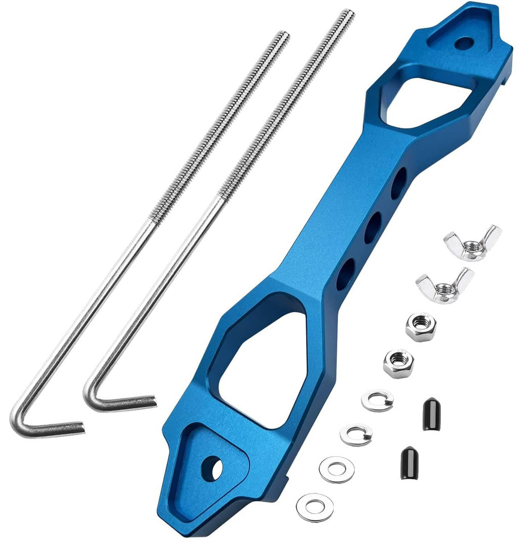 Blue billet aluminum car battery tie-down mount bracket with U-bolt and hardware kit