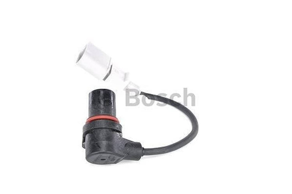 Crankshaft position sensor with Bosch label, black sensor and black cable with white plug