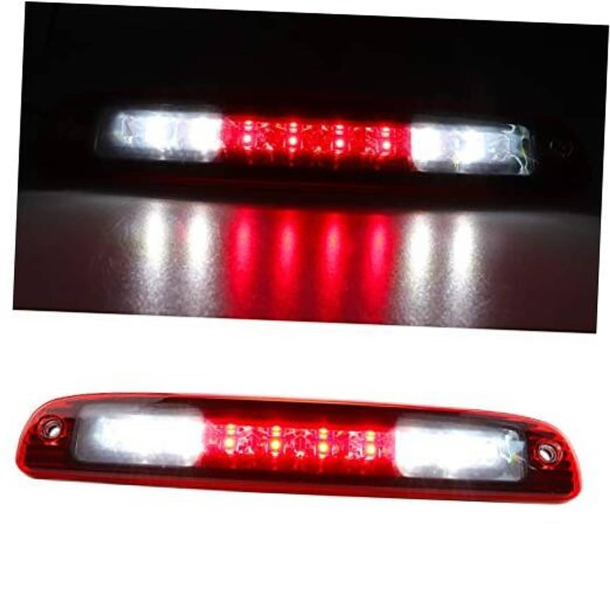 LED third brake light with chrome housing and red lens, illuminated red LEDs