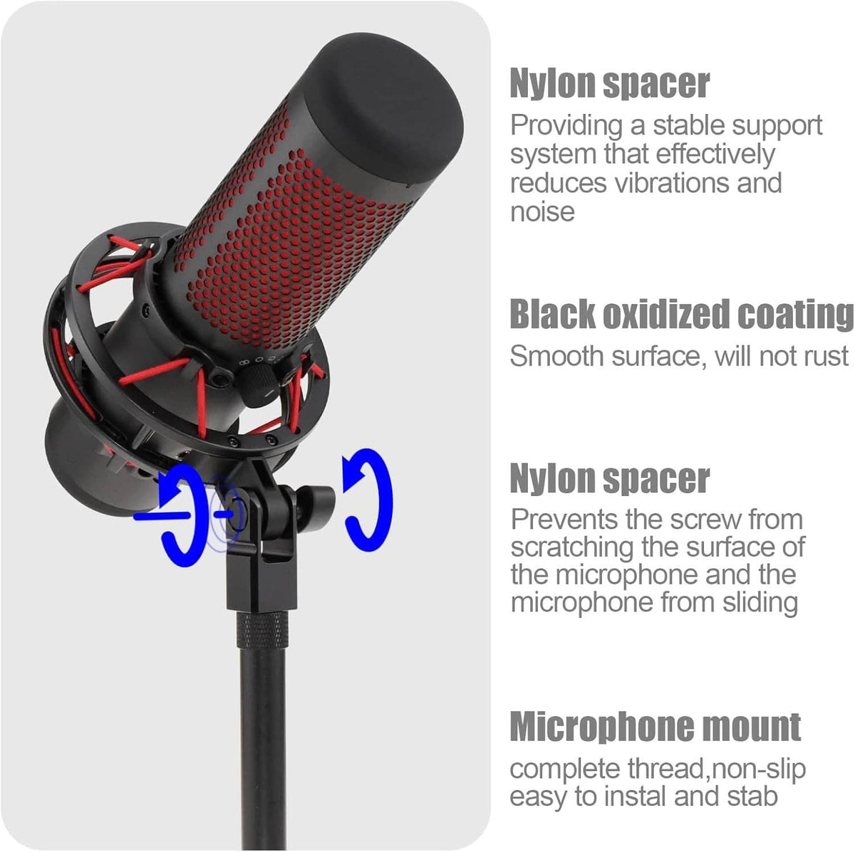 Black microphone mount adapter with spacer and threaded connection for stand