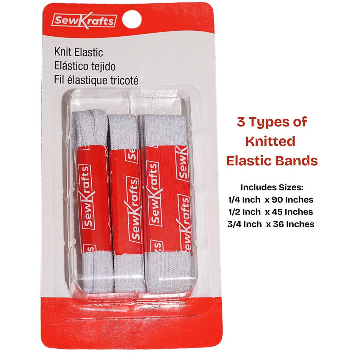 White knit elastic bands in 3-pack package card with red SewKrafts labels