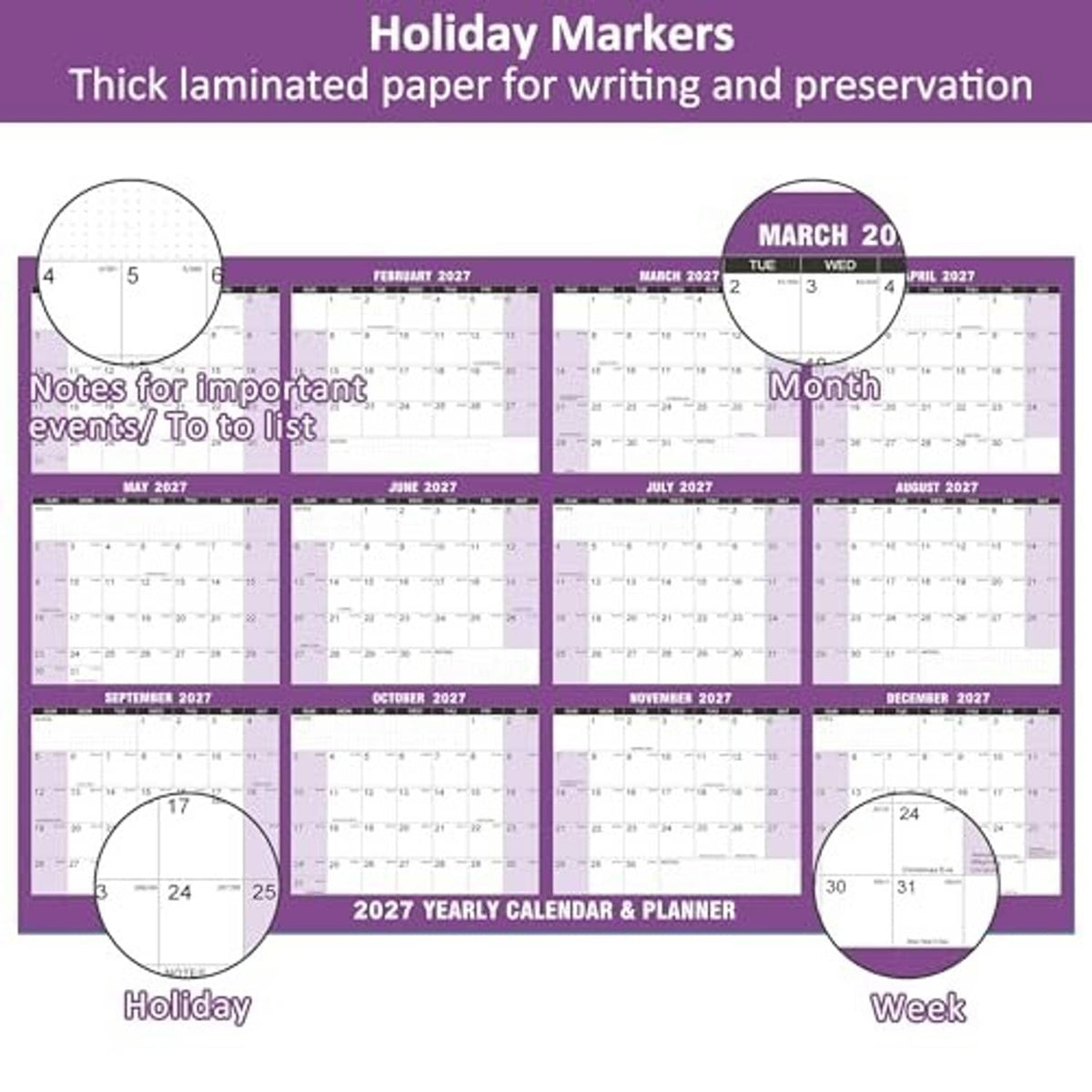 Purple 2027 calendar planner diagram with holiday and week labeling