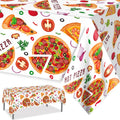 White plastic pizza tablecloth with Hot Pizza slice and vegetable graphics