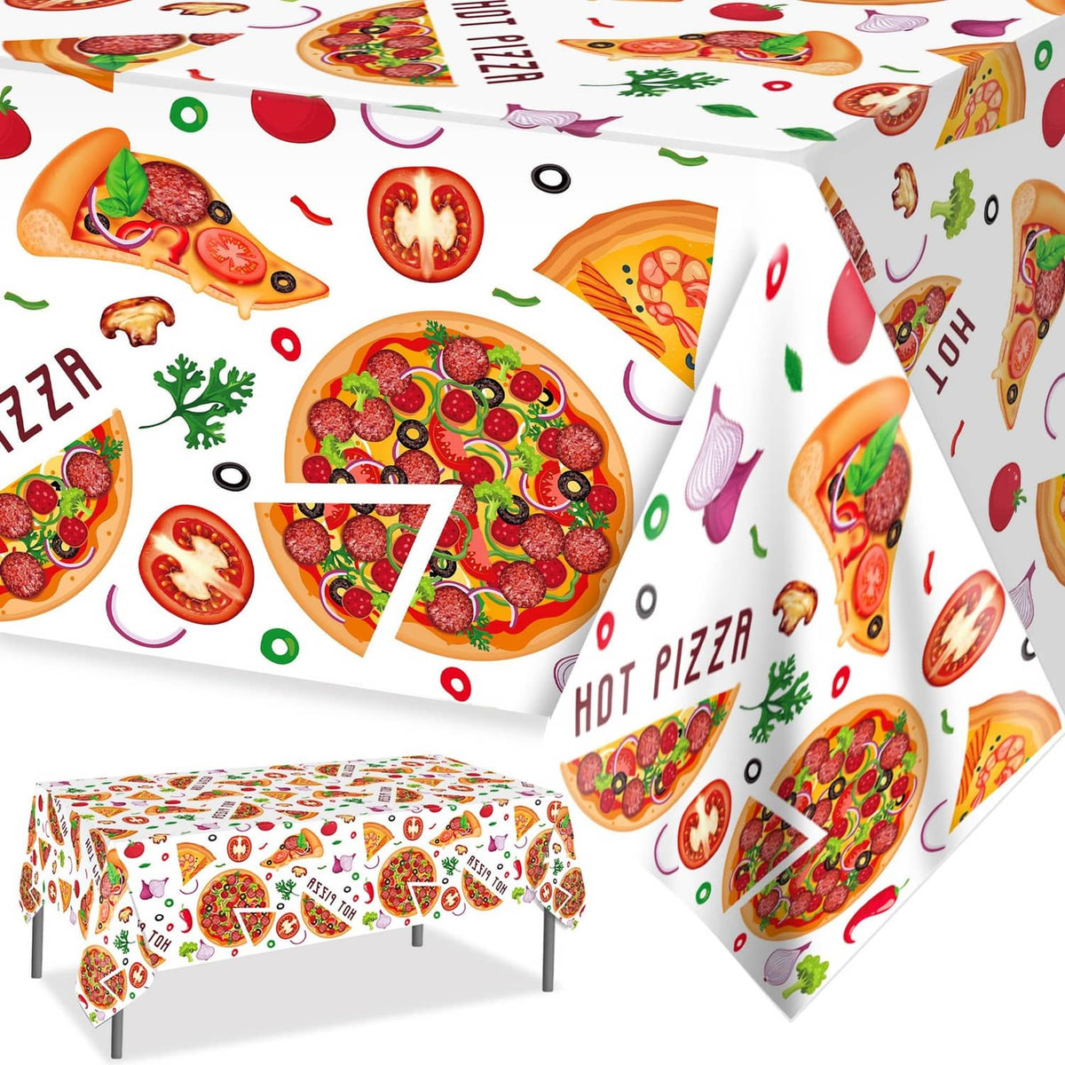 White plastic pizza tablecloth with Hot Pizza slice and vegetable graphics