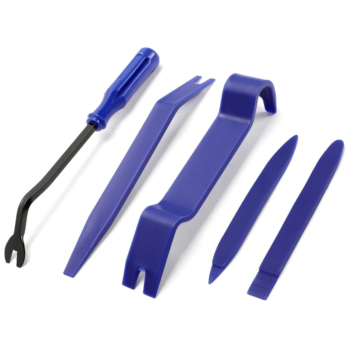 Blue plastic trim tools and black pry fork tool with multiple clip shapes
