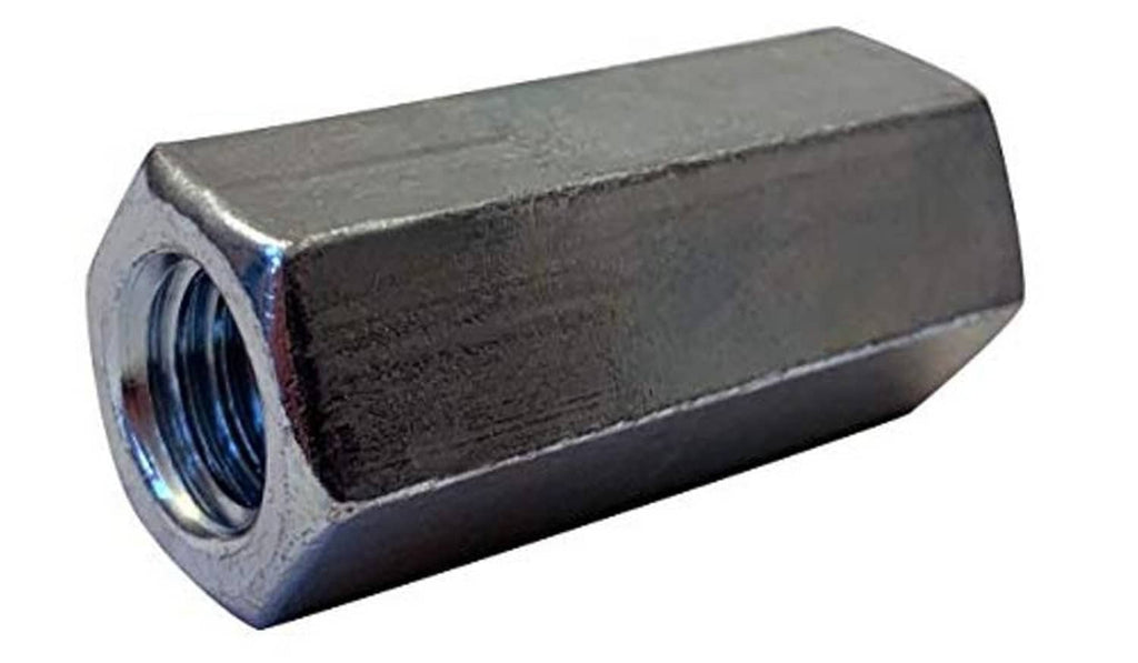 Hex coupling nut with visible internal threads, dark steel, squared ends, 3/4 in flats