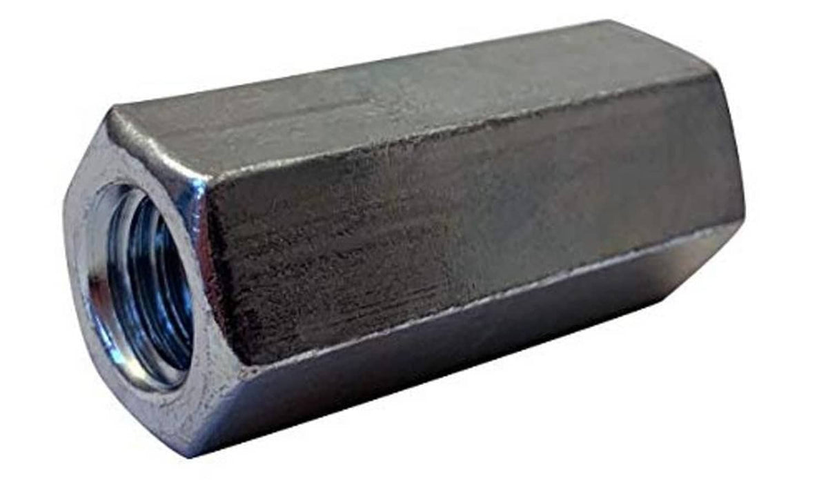Hex coupling nut with visible internal threads, dark steel, squared ends, 3/4 in flats