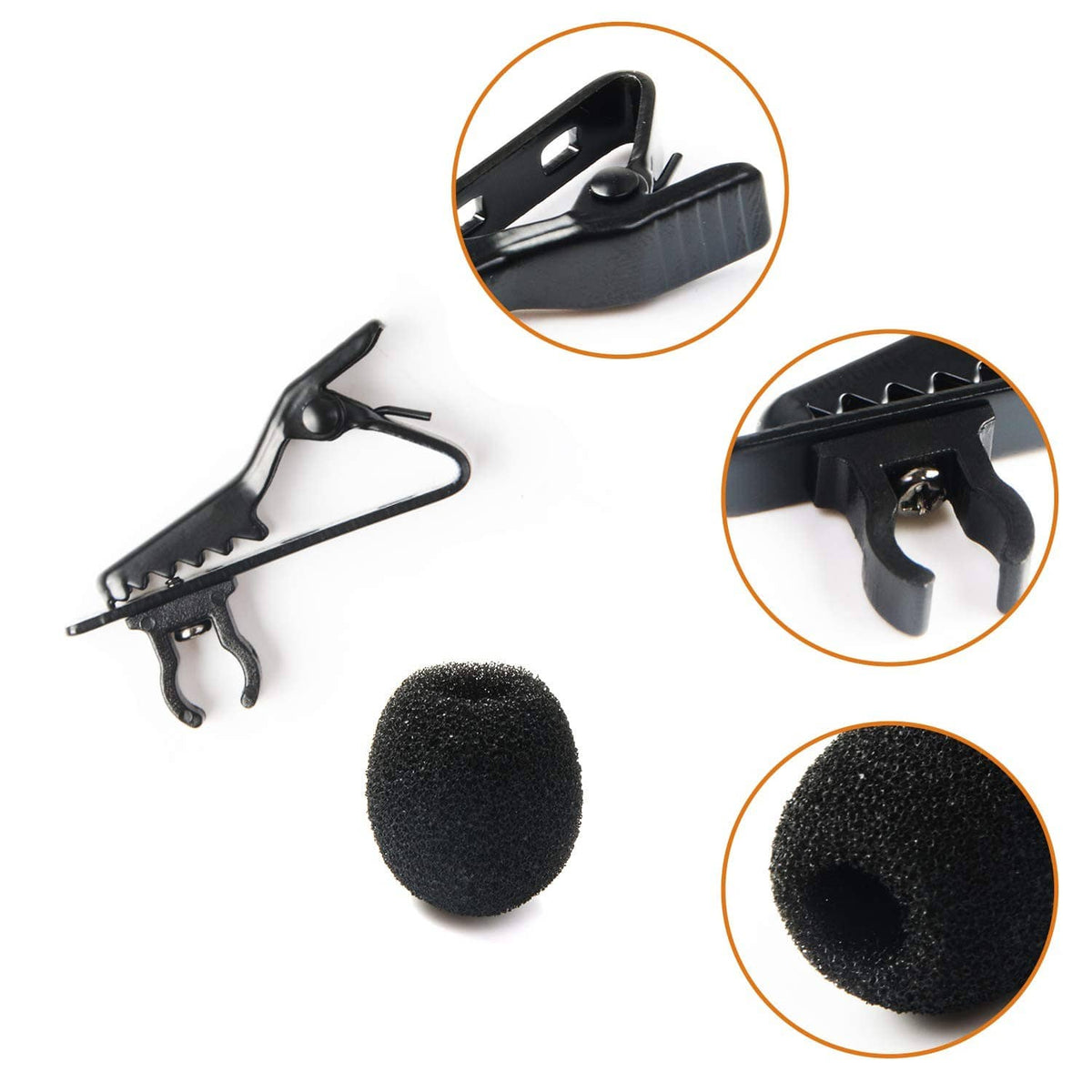 Black lapel microphone clip with foam windscreen and close-up detail