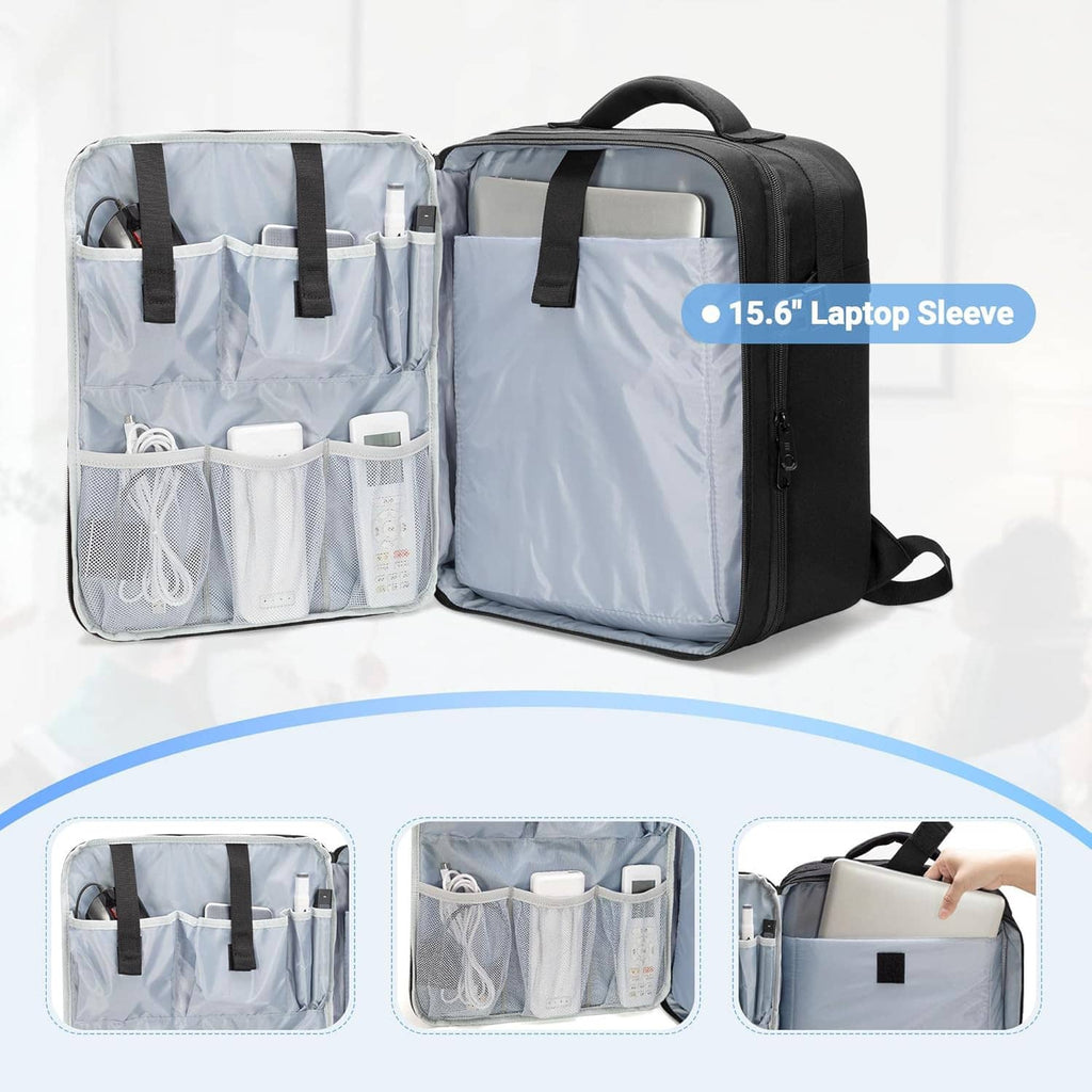 Black projector backpack open with 15.6-inch laptop sleeve and accessory organizer slots.