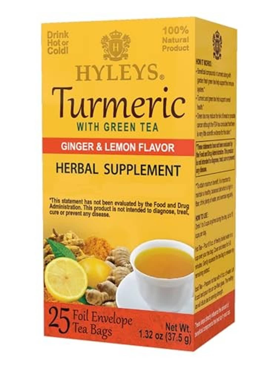 Turmeric green tea herbal supplement tea bag box with cup and ginger lemon graphics