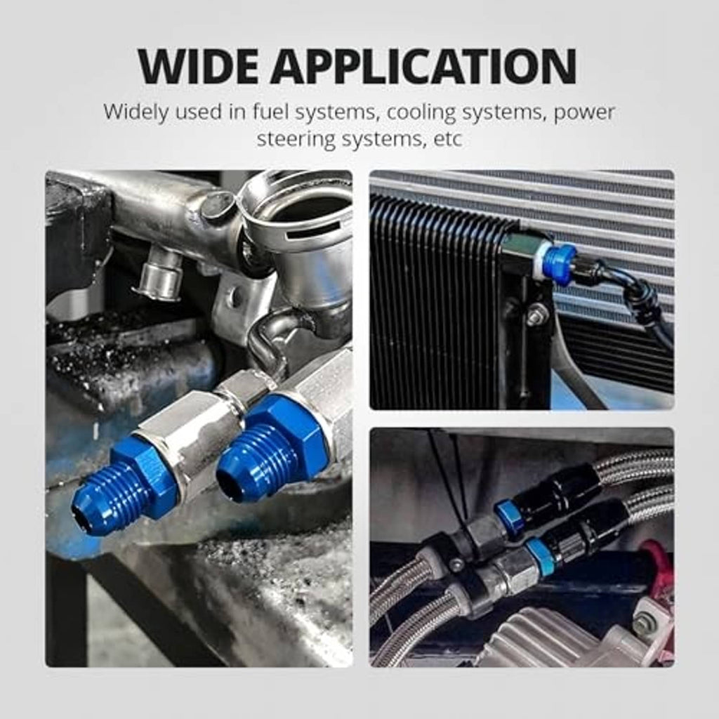 Blue flare adapter fitting with threaded ends for fluid line connections